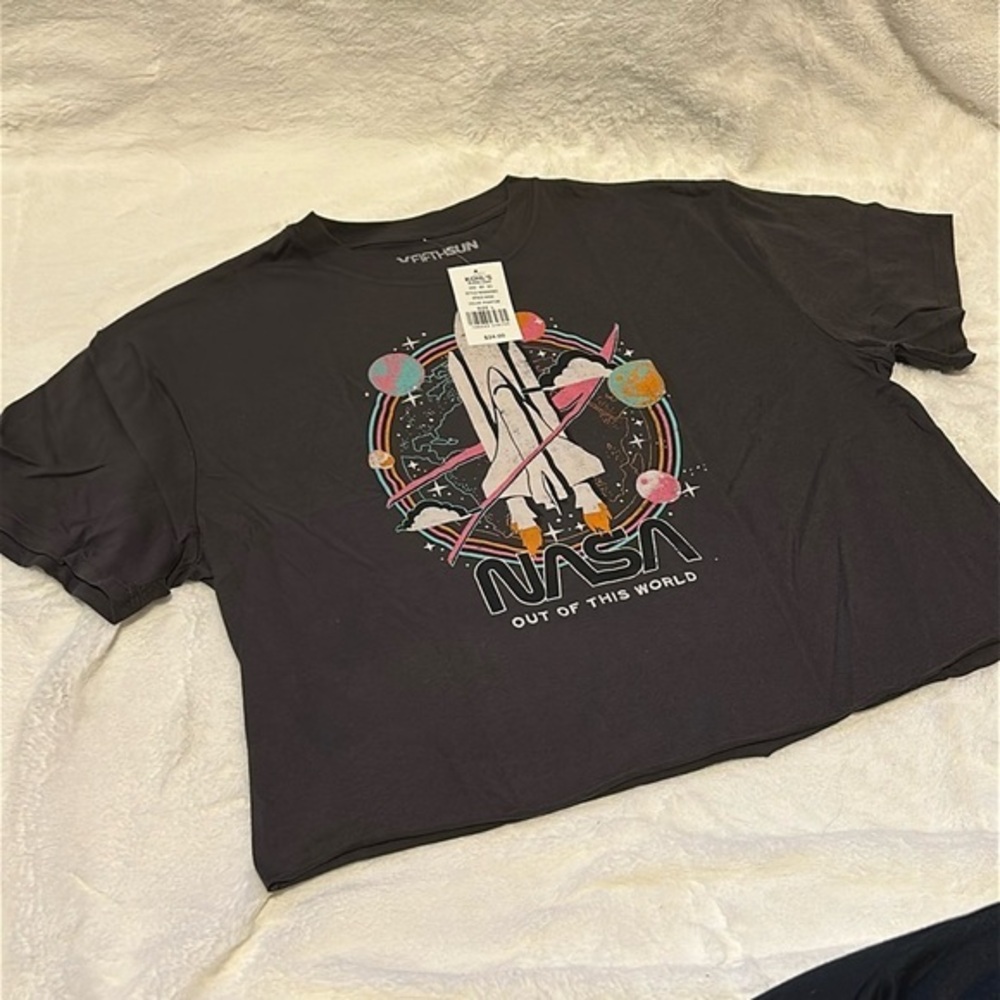 Juniors' NASA "Out of this World" Space Shuttle Cropped Tee